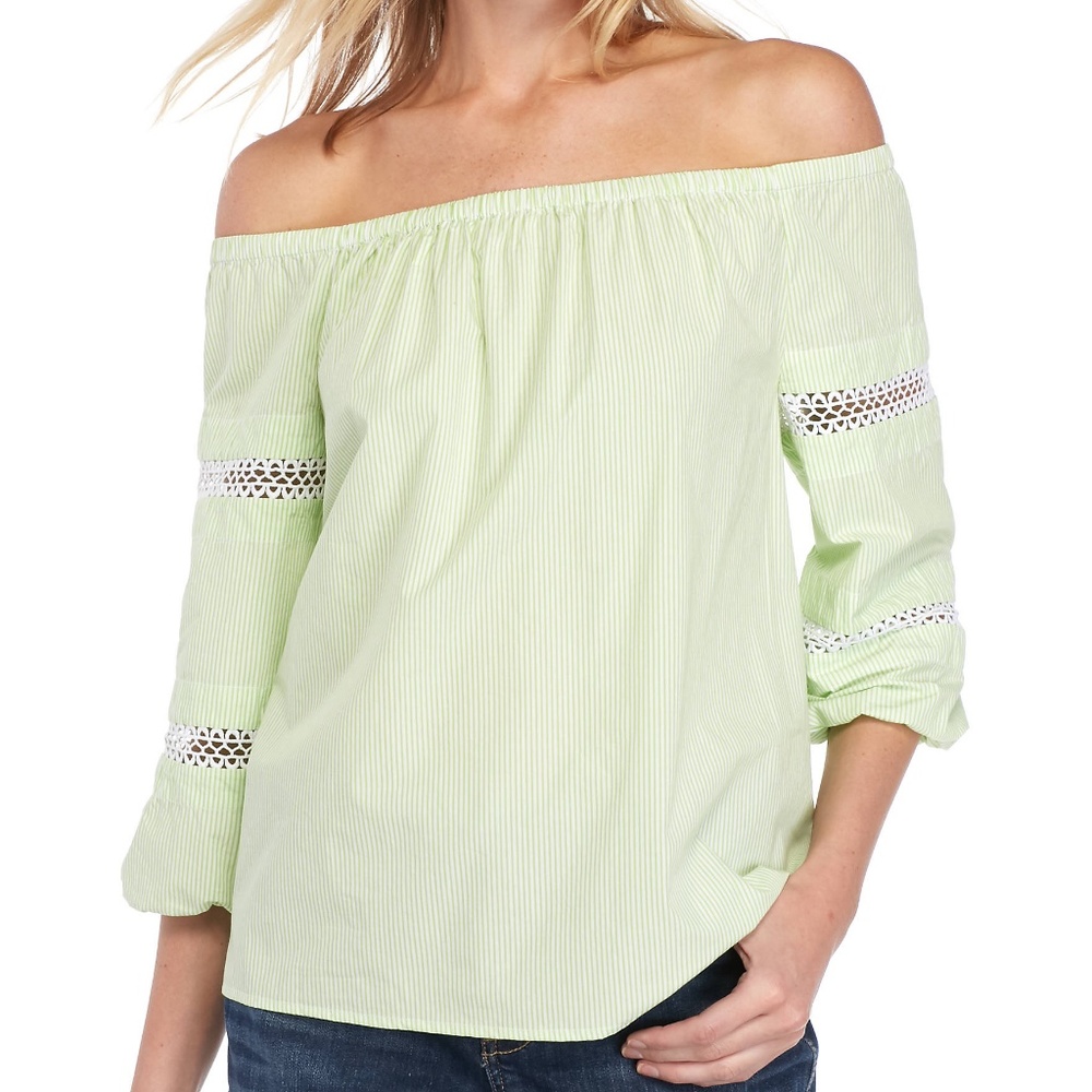 CROWN & IVY Green Striped Lace Inset Blouse